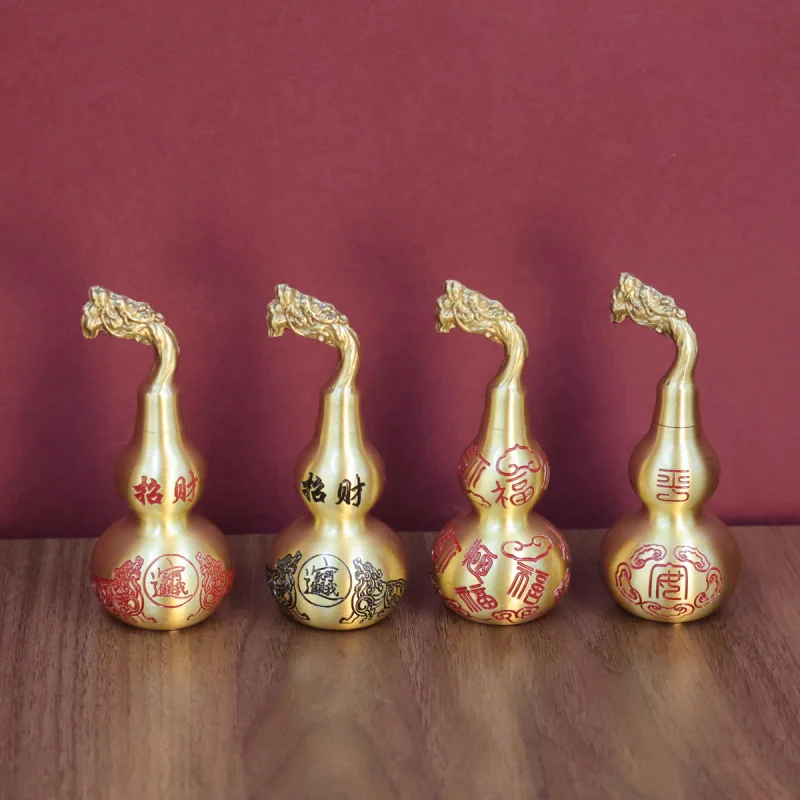 Brass Carved Lucky Craft Ornament Hundred Blessings and Prosperity Small Gourd Living Room Desktop Decoration Plaything