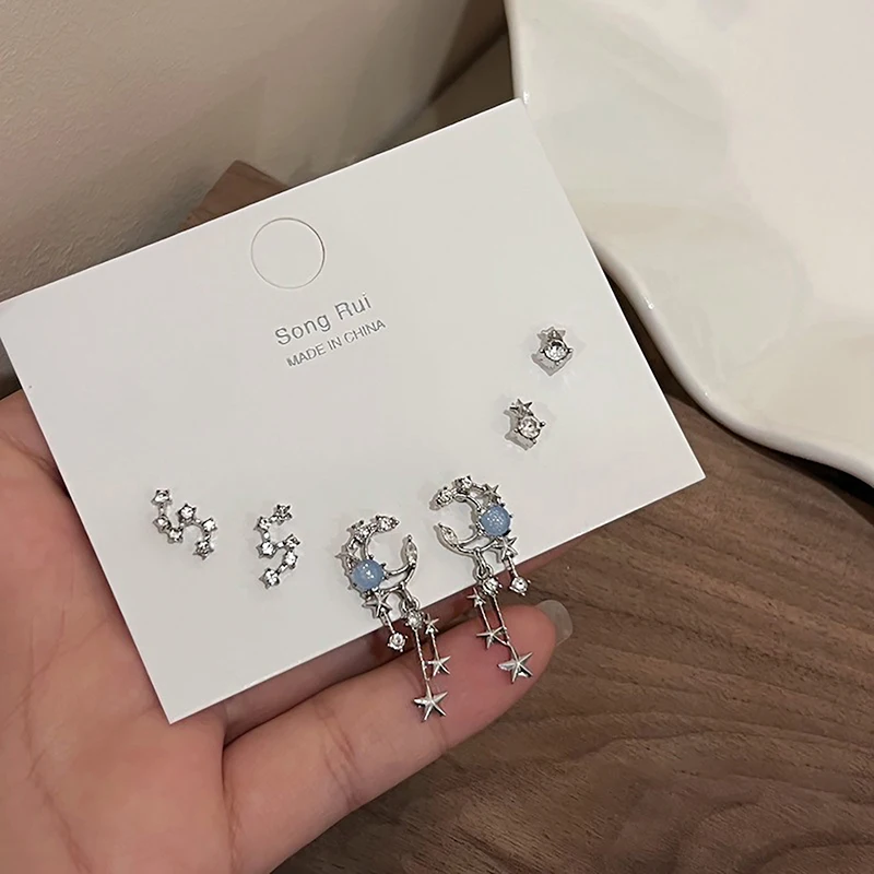 6Pcs/set Y2K Bowknot Heart Zircon Stud Earrings For Women Girls Trendy Star Moon Piercing Earrings Sweet Cool Jewelry Party Gift image 6
