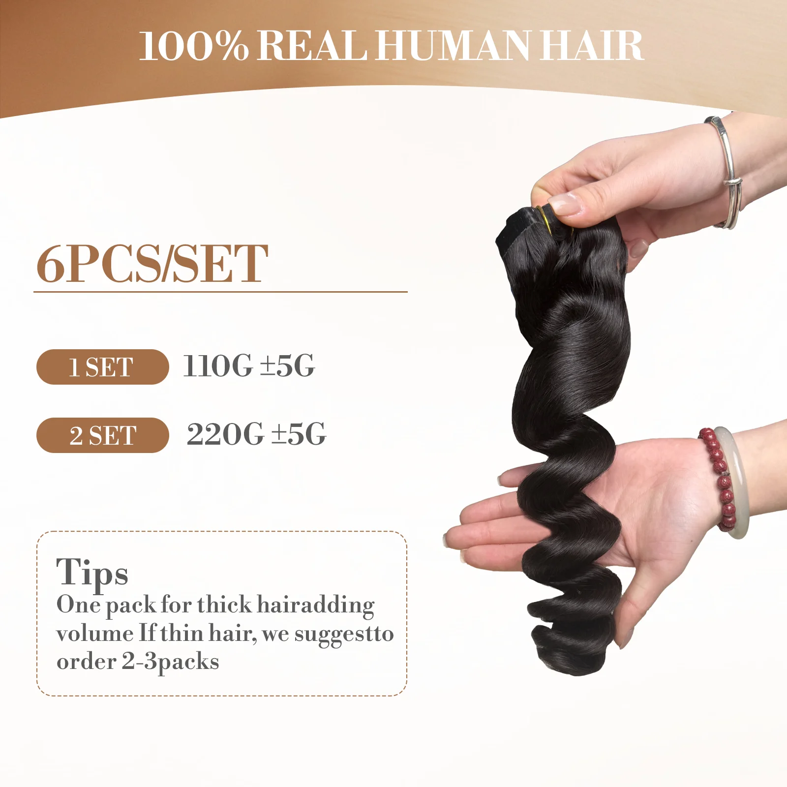 Ekstensi Rambut Clip in PU Tak Terlihat Model Loose Wave, Rambut Asli Warna Hitam Alami # 1B Machine Remy Hair Pieces Clip On 110g 6pcs/set