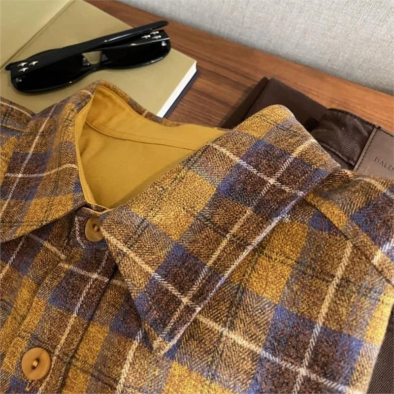 

Женский осенний топ в стиле ретро в художественную клетку Double ket Color тканый длинный фланелевый хлопковый осенний топ с отложным воротником в стиле ретро