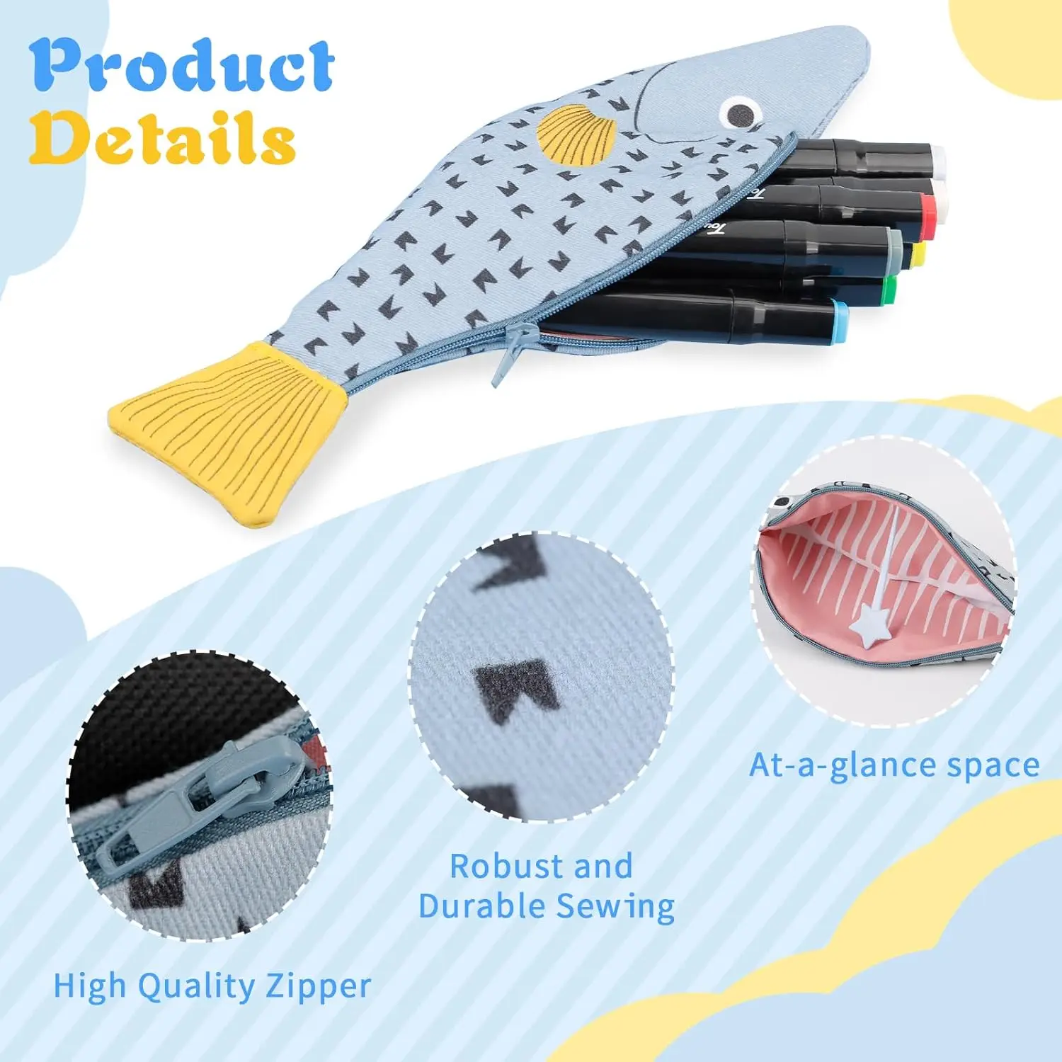 Fish Shape Novelty Pencil Case Fish Pen Bag Fish Coin Purse Funny Pencil Pouch with Simulated Fishbone Lining，Birthday Gift