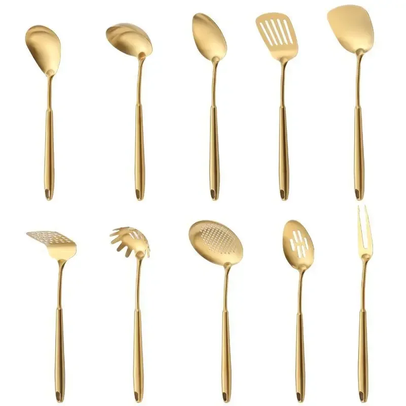 1PC Stainless Steel Kitchen Cookware Gold Cooking Utensils Soup Spoon Eggbeater Food Clip Rice Colander Skimmer Cooking Utensils