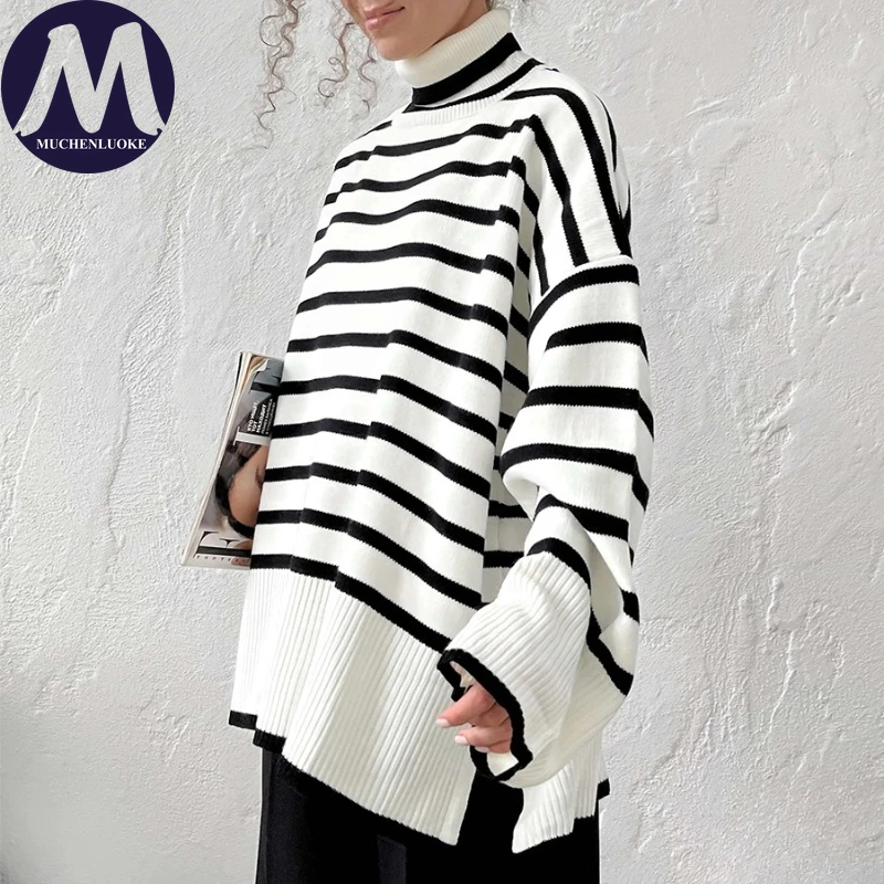 여성용 하이넥 니트 스웨터 가을 겨울 스트라이프 캐주얼 루즈핏 보온 풀오버 패션 다용도 두꺼운 니트웨어