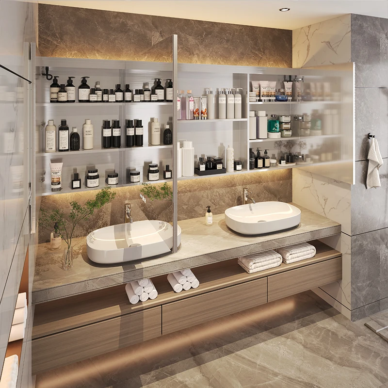 Modern European Design Solid Wood Mirror Cabinet Smart LED Light Bathroom Mirror Cabinets