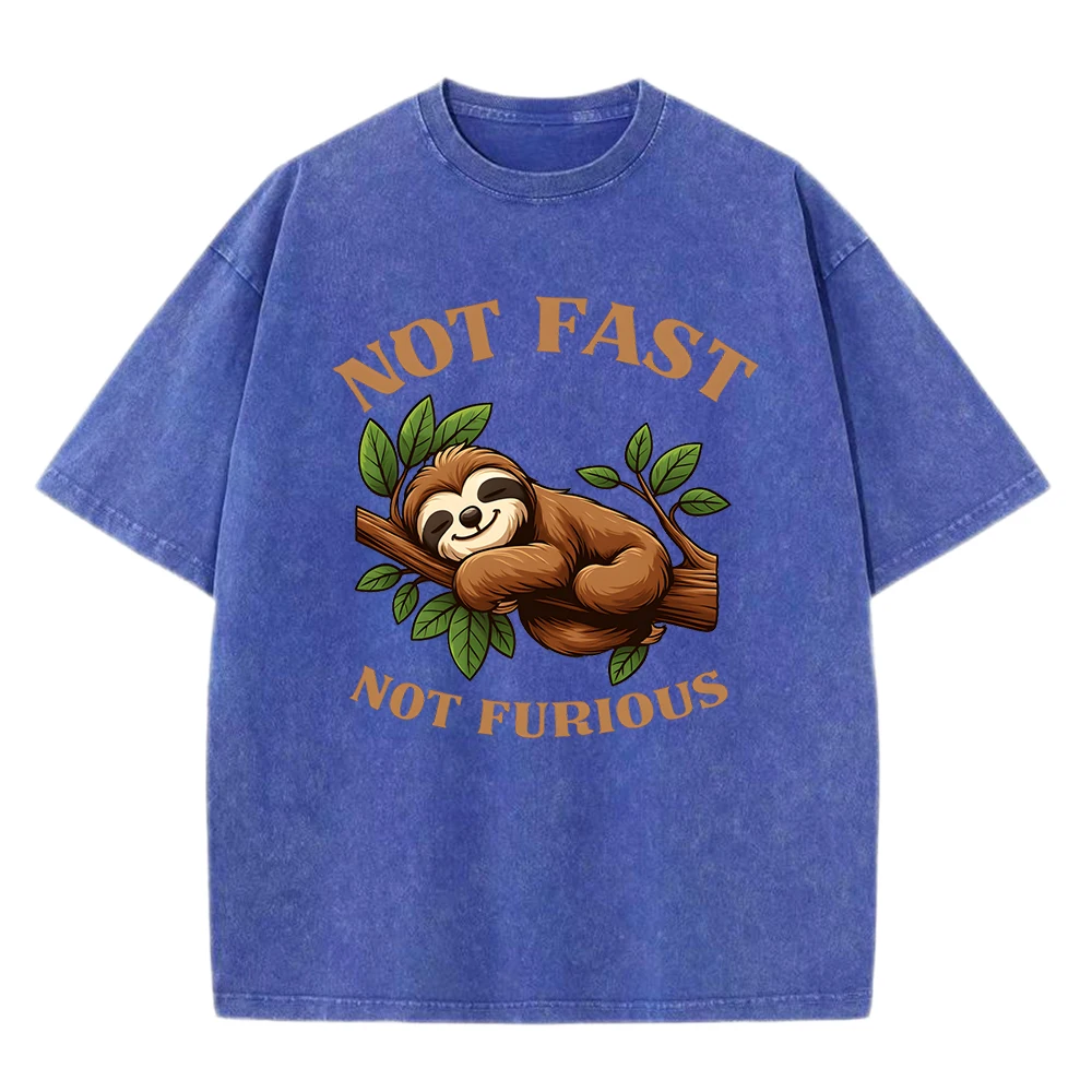

Not Fast Not Furious Sloth Print Washed Cotton T Shirt Man Loose Hip Hop Streetwear Fashion Casual T-Shirts Crewneck Soft Tops