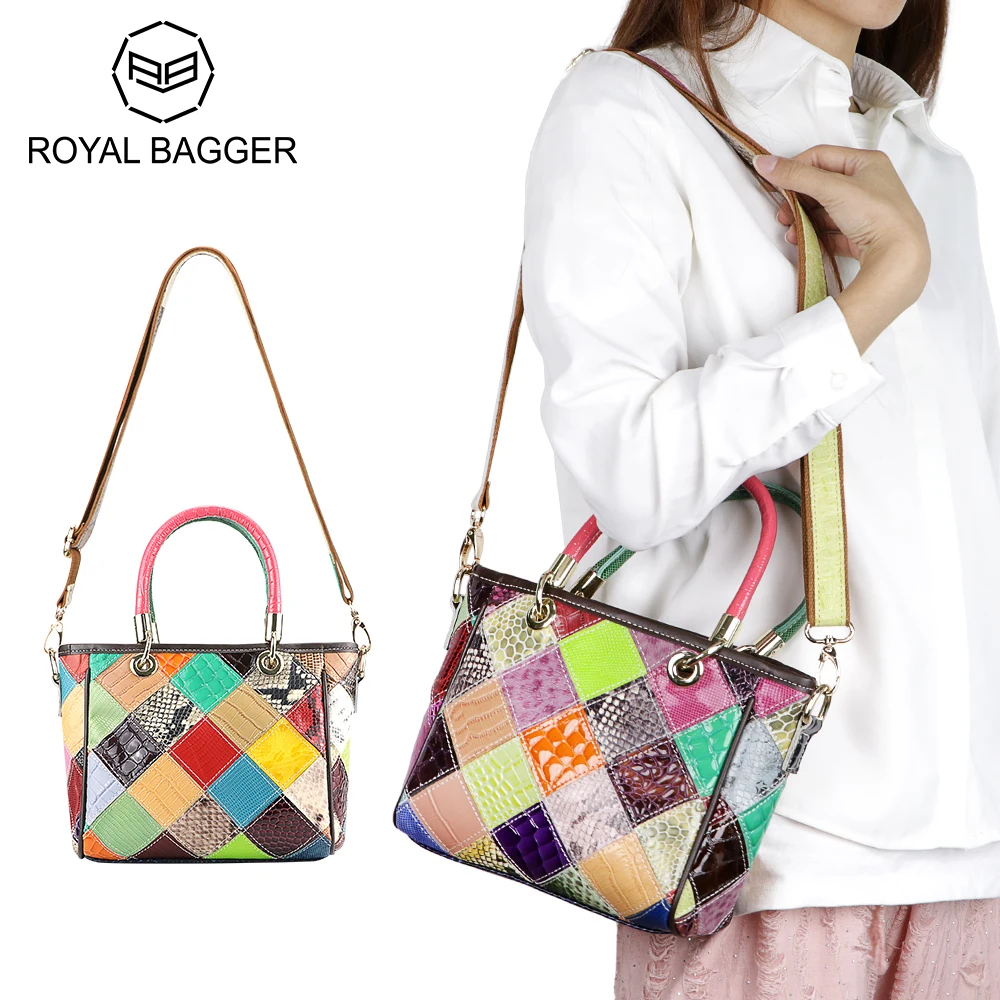 Royal Bagger Genuine Leather Top-Handle Handbag, Colorful Patchwork Crossbody Shoulder Bag, Adjustable Strap 1885