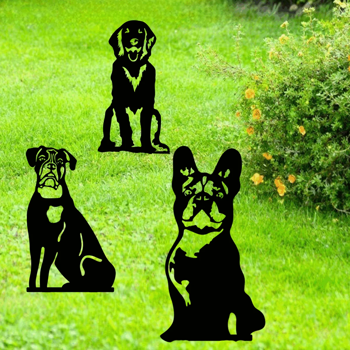 Dog Metal Art Garden Statues French Bulldog/Doberman Pinscher Backyard Lawn Stakes Festival Decorations Yard Garden Decor Home D