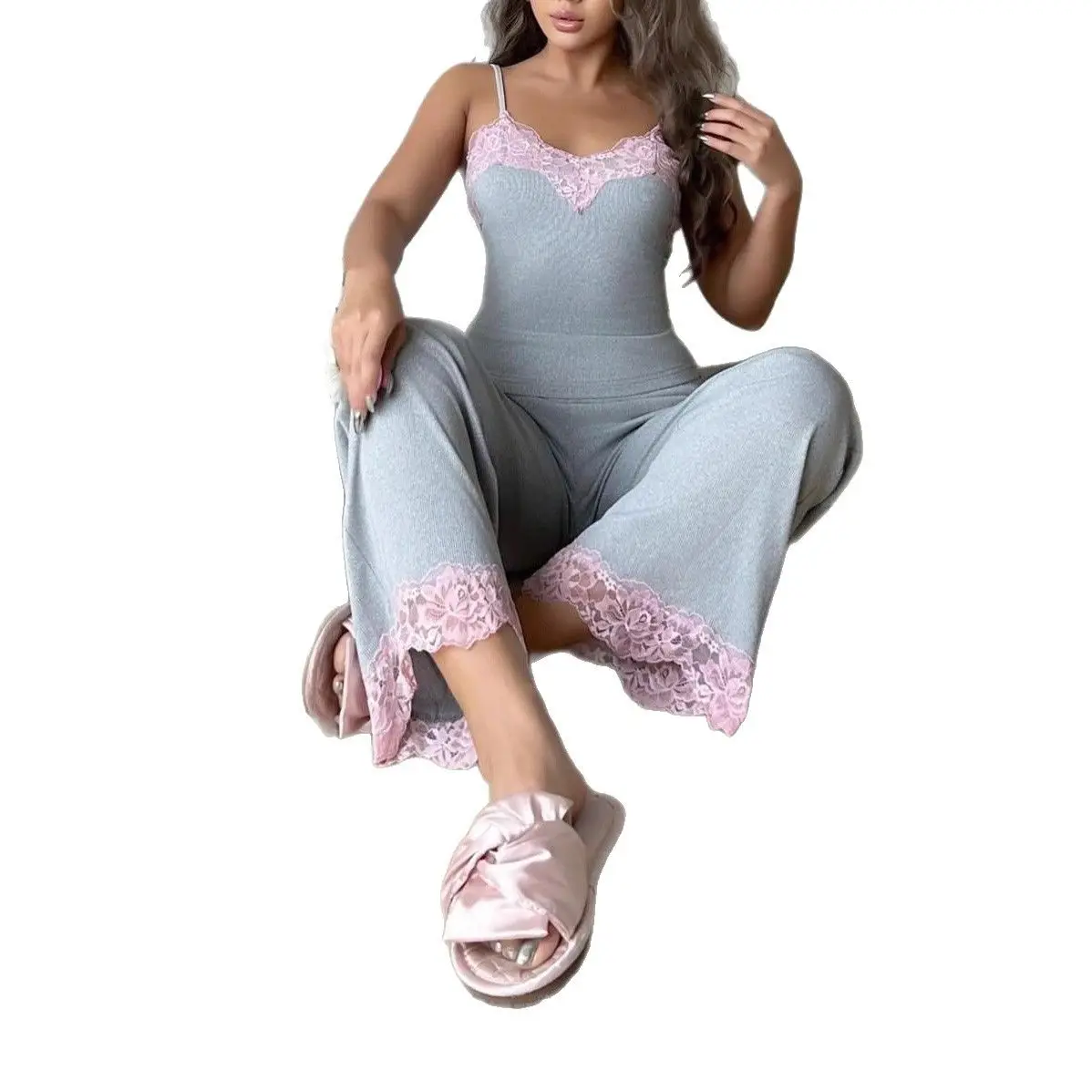New Splicing Pink Lace Loungewear Set Gray Suspender Trousers Show Body Pajamas