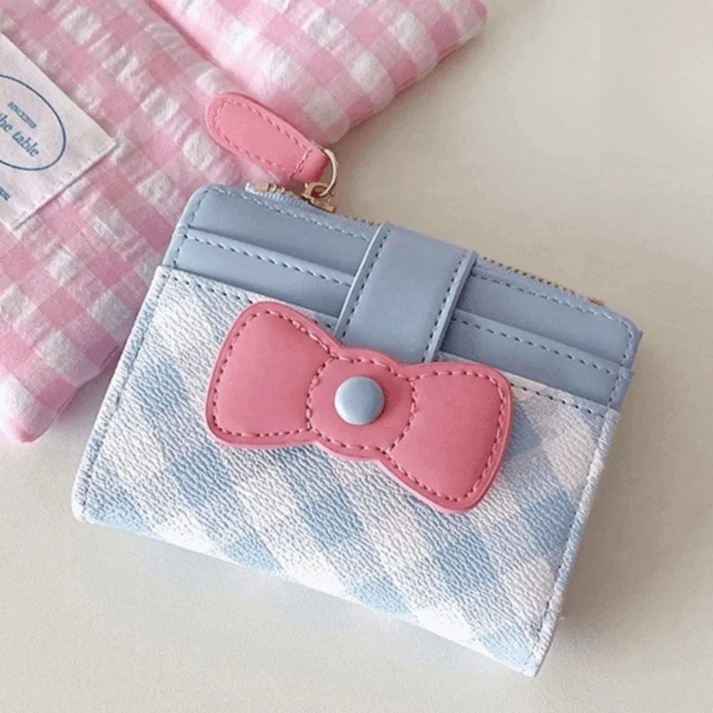 Fashion New Short Checkered Bow Wallet Multiple Card Slots Dopamine Card Bags Coin Purse For Women Girls Gifts
