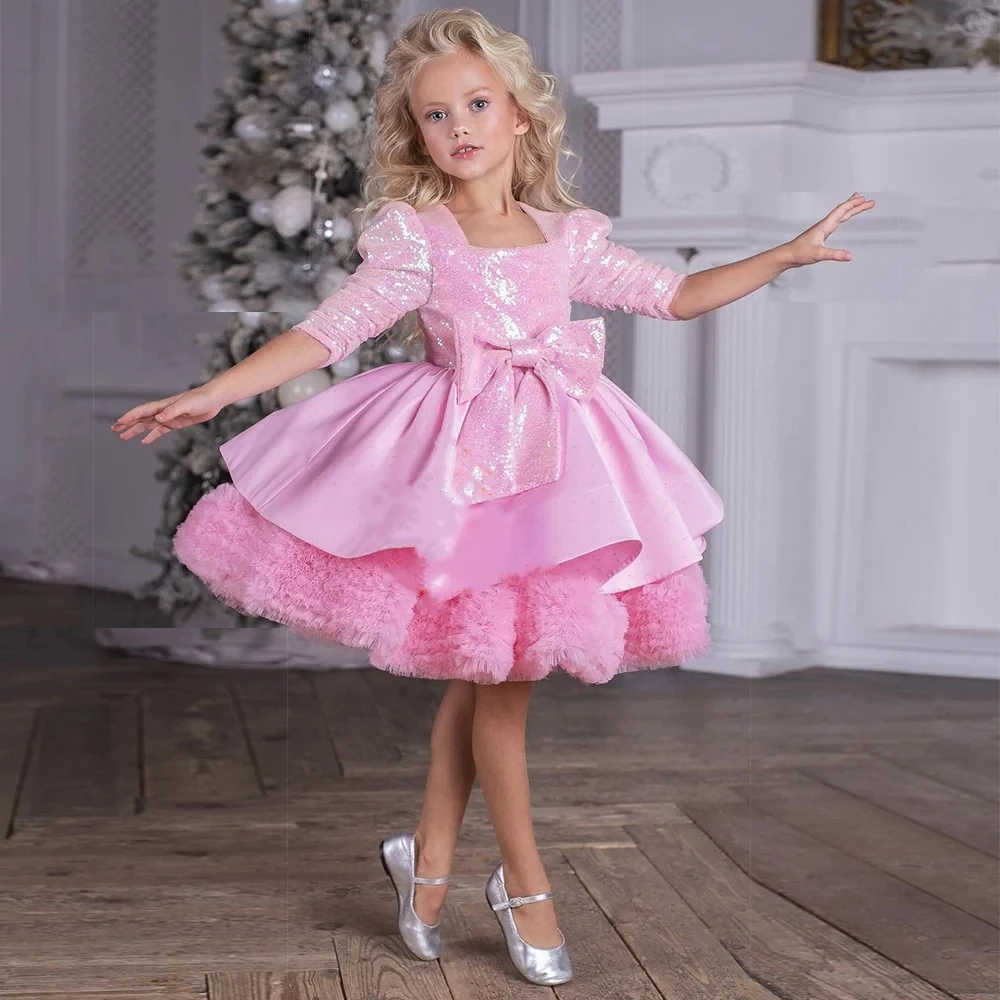 

Puffy Pink Tiered Infant Girl Birthday Party Gown Kids Prom Baptism Gowns First Communion Flower Girls Dress