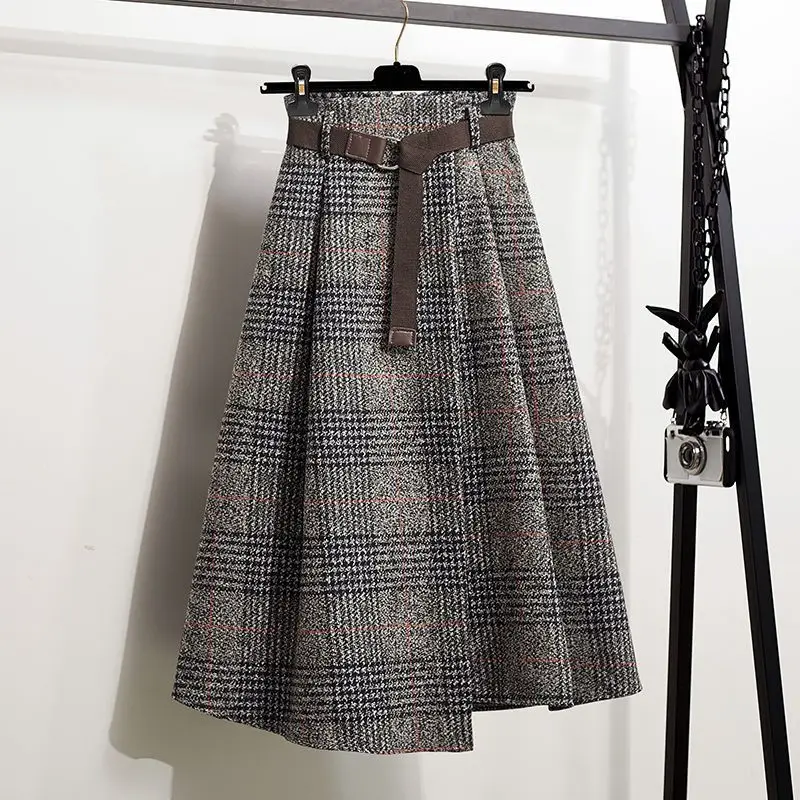 2023 Autumn Winter New Plaid Printing A-line Skirt Women Elastic High Waist Asymmetrical Patchwork All-match Female Clothing