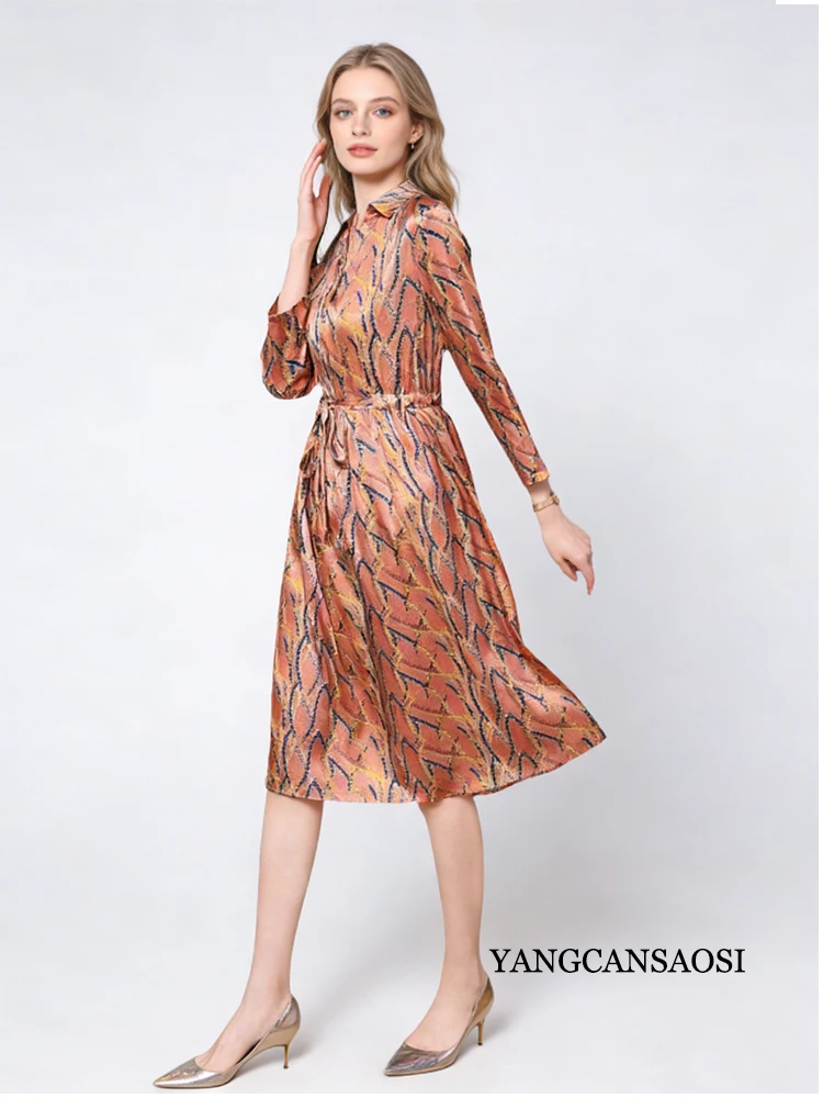 2026 Spring Clothing Temperament Waist Cinching Lapel 90% Natural Mulberry Silk Elastic Satin Long Sleeved Printed Women's Dress