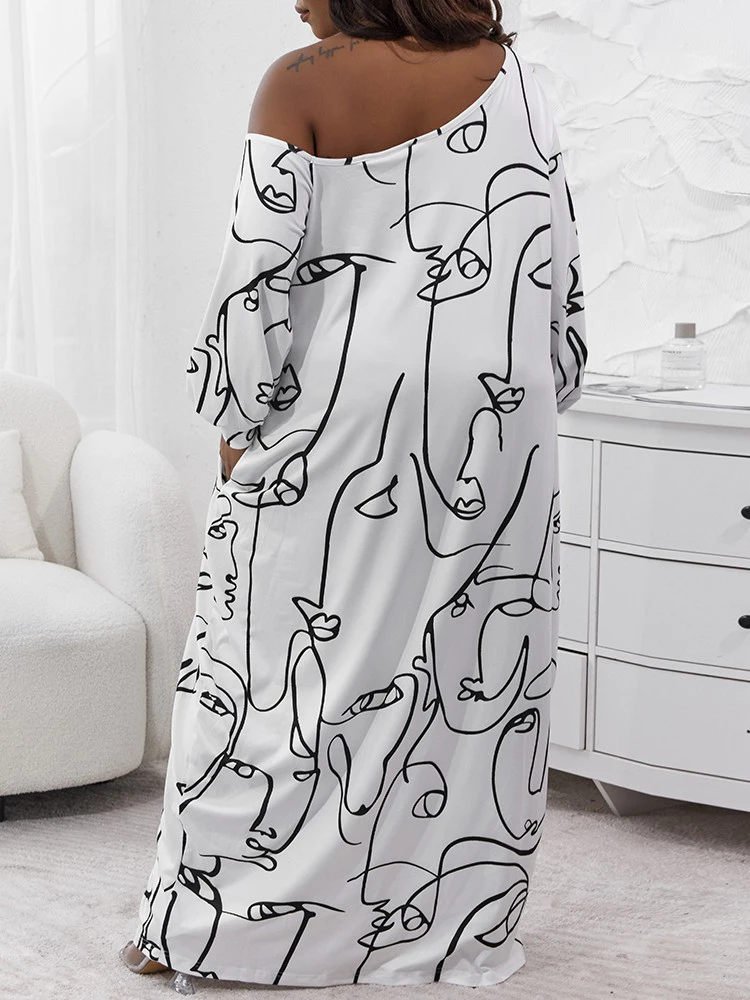 Plus Size Abstract Figure Print Lantern Sleeve Oversized Maxi Dress