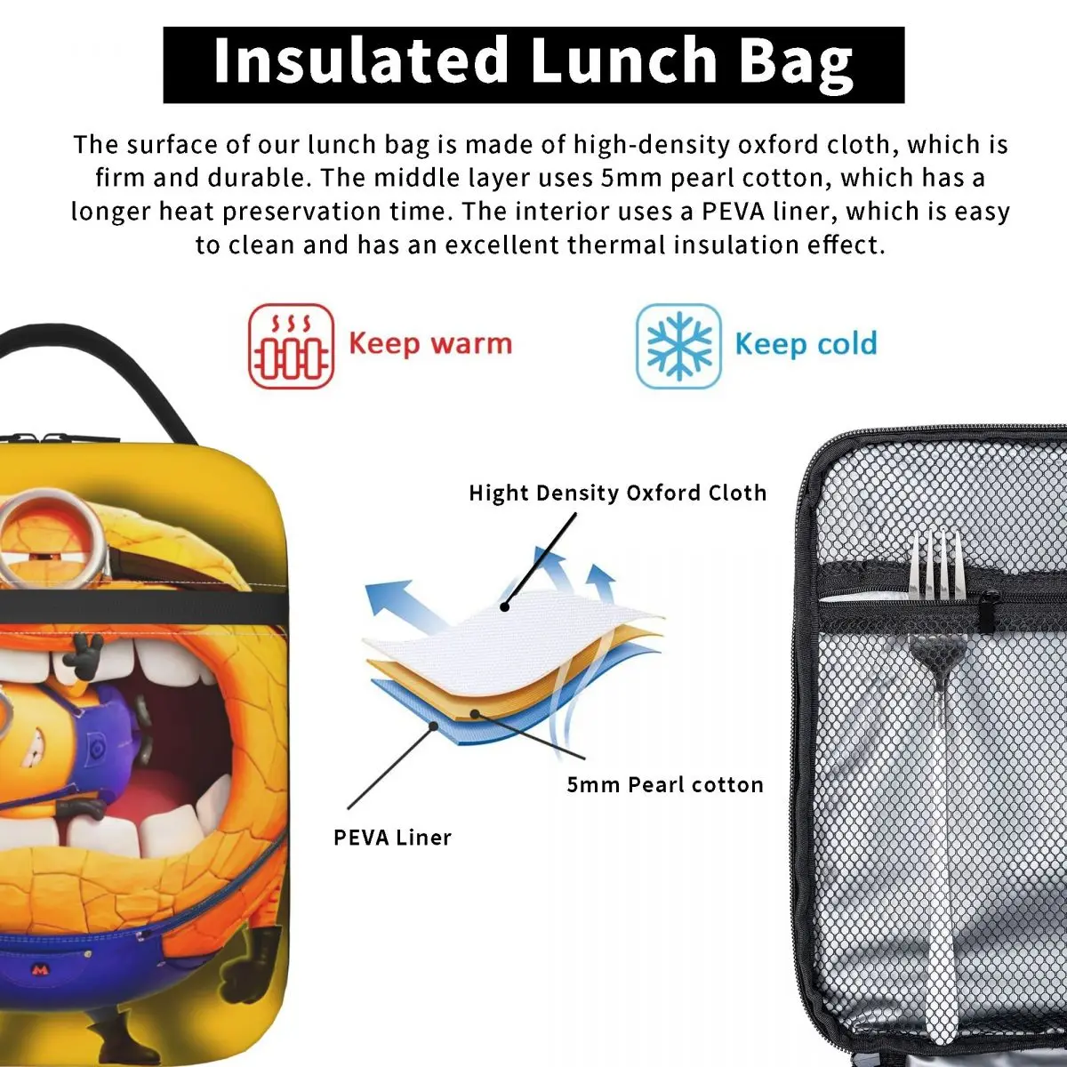 MEGA   Minions Cute Insulated Lunch Bags Portable Reusable Thermal Bag Lunch Box Tote School Outdoor Girl Boy