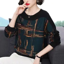 Vintage Spring Autumn New Print Loose All-match Tops Long Sleeve O-neck Plus Size Office T Shirts Casual Fashion Women Clothing