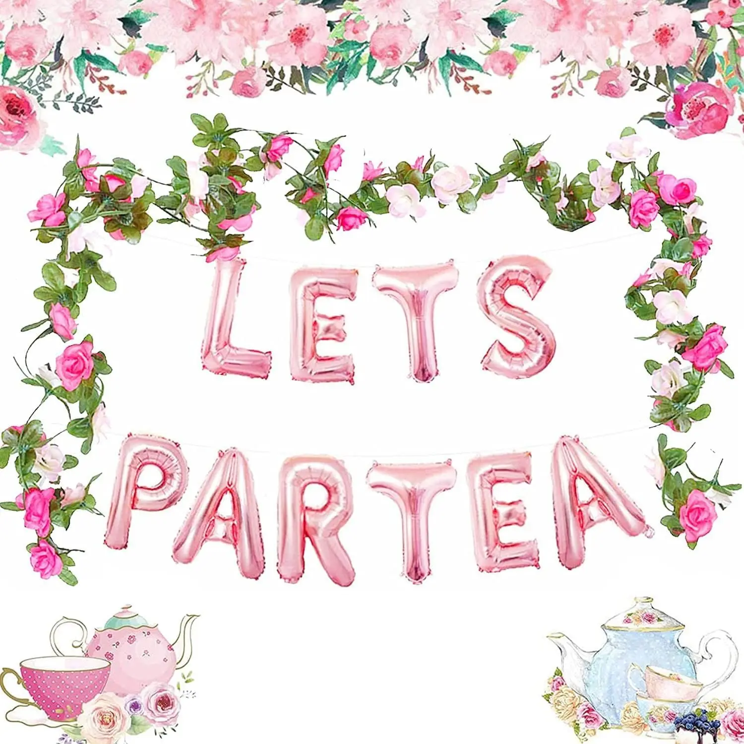 LaVenty 3 PCS LET'S PAR TEA Balloons Tea Party Birthday Banner Tea Party Decorations Lets Par-Tea Party Decoration