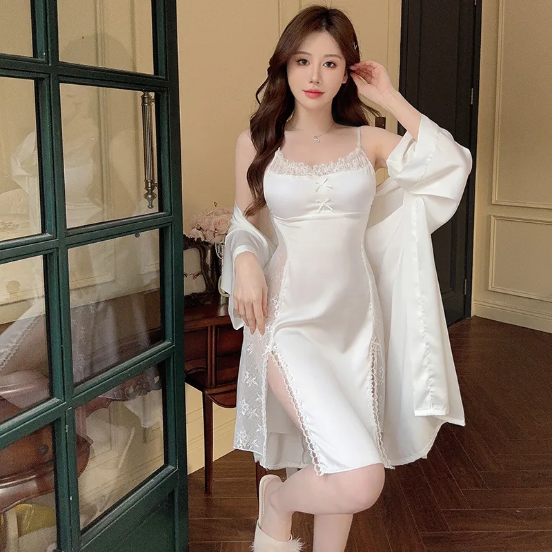 Spring Summer Bathrobe Gown Suit Female Nighty&Robe Set Sleepwear Silky Satin Kimono Sexy Lace Nightgown Lingerie Home Dress