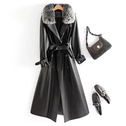 Nouveau Manteau de duvet en cuir à capuche pour femmes Doudoune en peau de mouton longue à col en fourrure de renard à la mode Cuir fendu