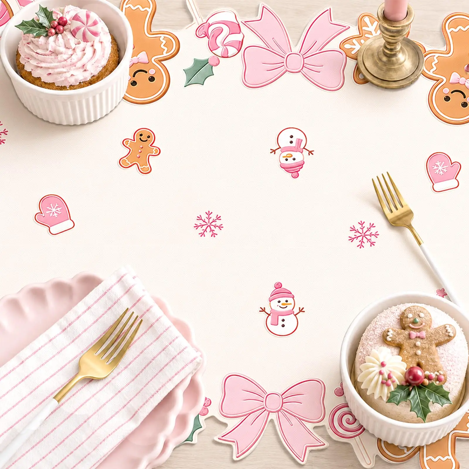 Pink Gingerbread Man Christmas Table Runner Pastel Candy Bow Snowman Xmas Table Decor for Holiday Family Dinner Party