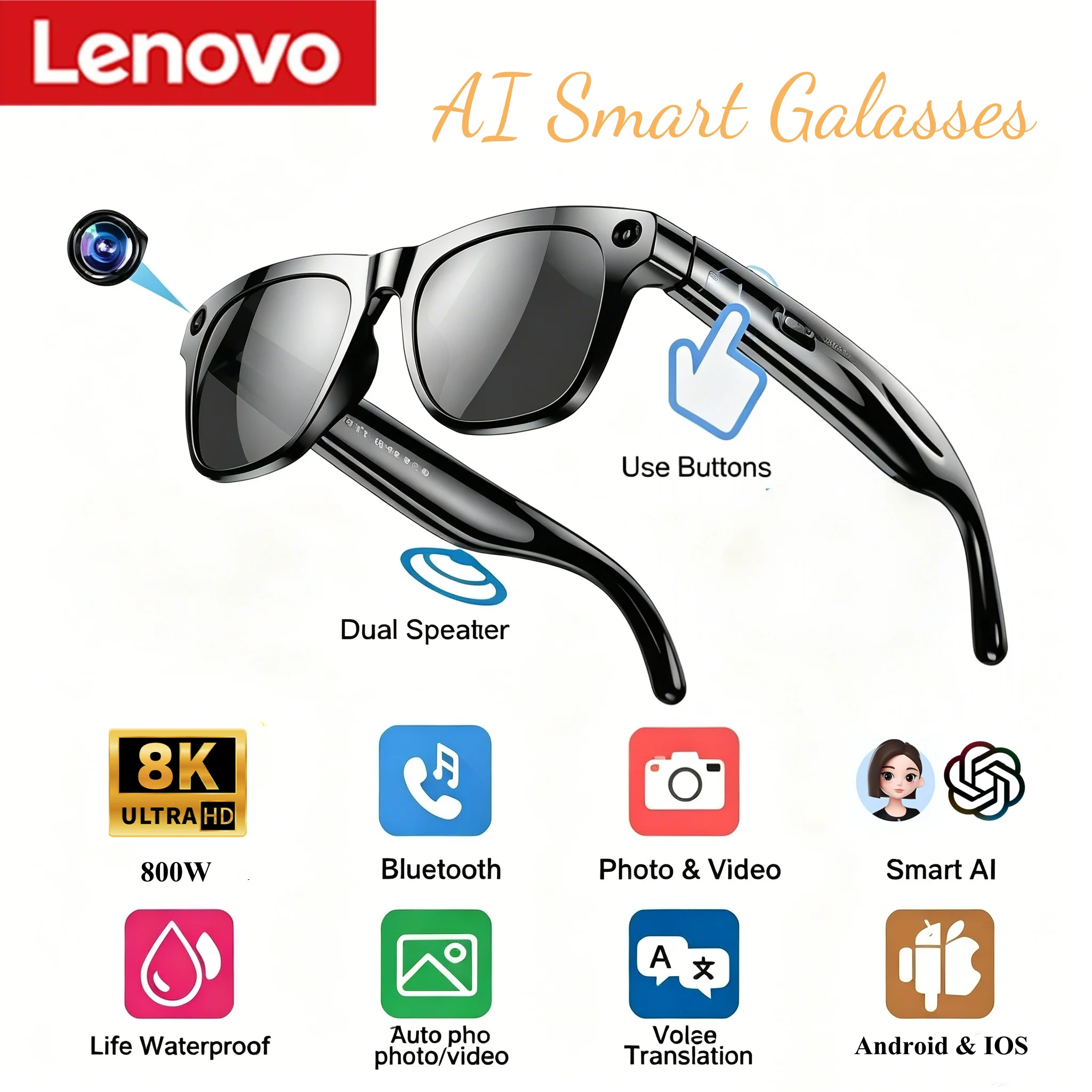 Lunettes Intelligentes Lenovo AI 800W HD 8K avec Caméra de Prise de Vue, Photo, Vidéo, Appel Vocal, Traduction, Étanche, Bluetooth, Lunettes de Moto AI