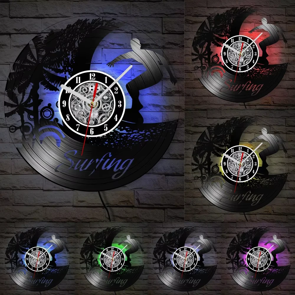 Surfing Themed Vinyl Record Wall Clock 12 Inch Silent Quartz Wall Watch Beach Palm Tree Vintage Home Decor For Surfer Gift