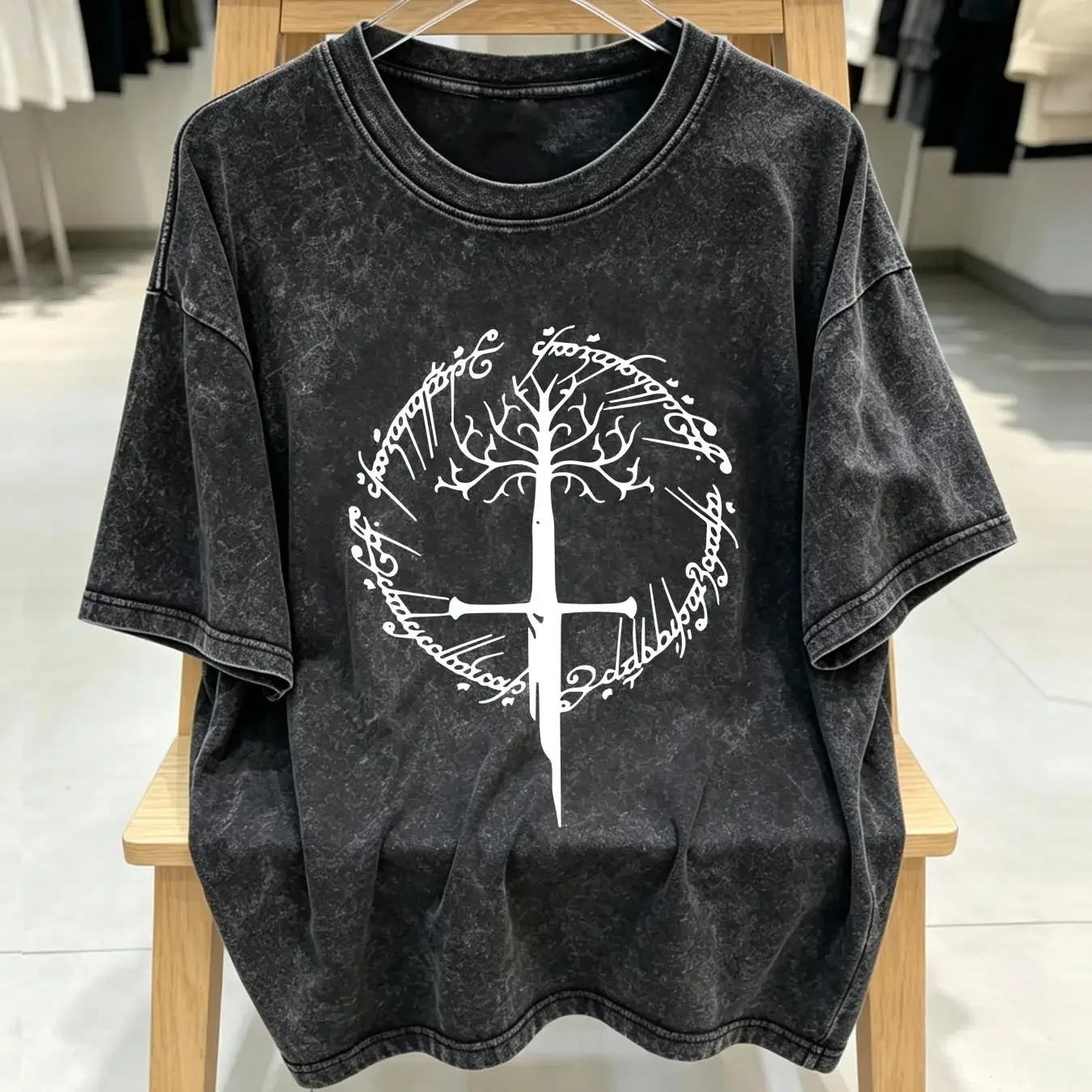 washed T Shirt Tree of Gondor Sign Middle Earth LOTR Fan  vintage Washed Comfortable Breathable graphic homme Stylish Versatile