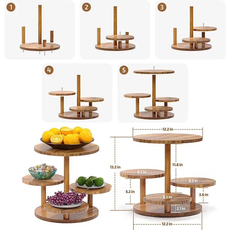 Multi-Tier Wooden Round Serving Tray Desktop Decor Storage Riser Stand Cake Dessert Display Rack For Home Kitchen