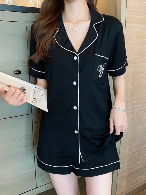 Spring Summer Women's Pijama Cotton Short-sleeved Short Trousers Pajamas Set Home Wear Clothes Black Style Women Pijama