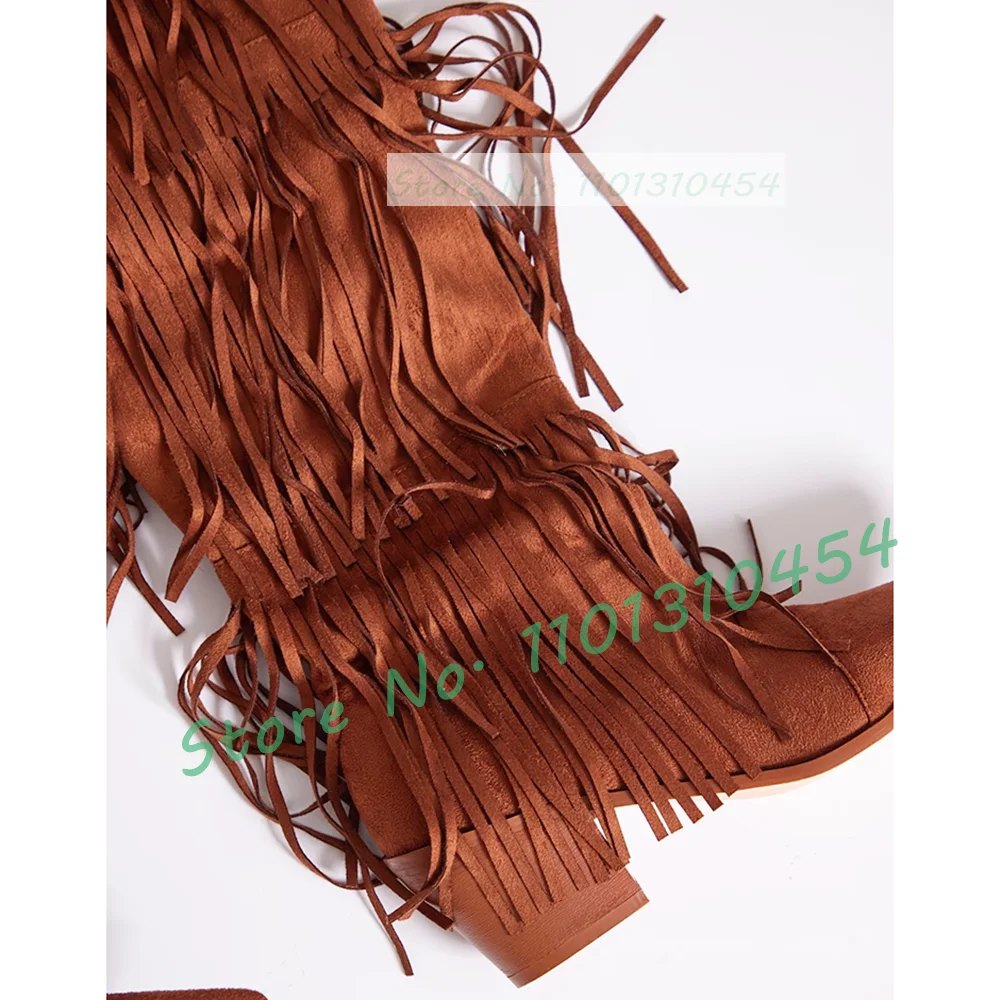 Suede Fringe Western Boots In Tan Women Block Heel Pointy Mid Calf Shoes 2023 New Trending Ladies Work Tassel Couture Boots