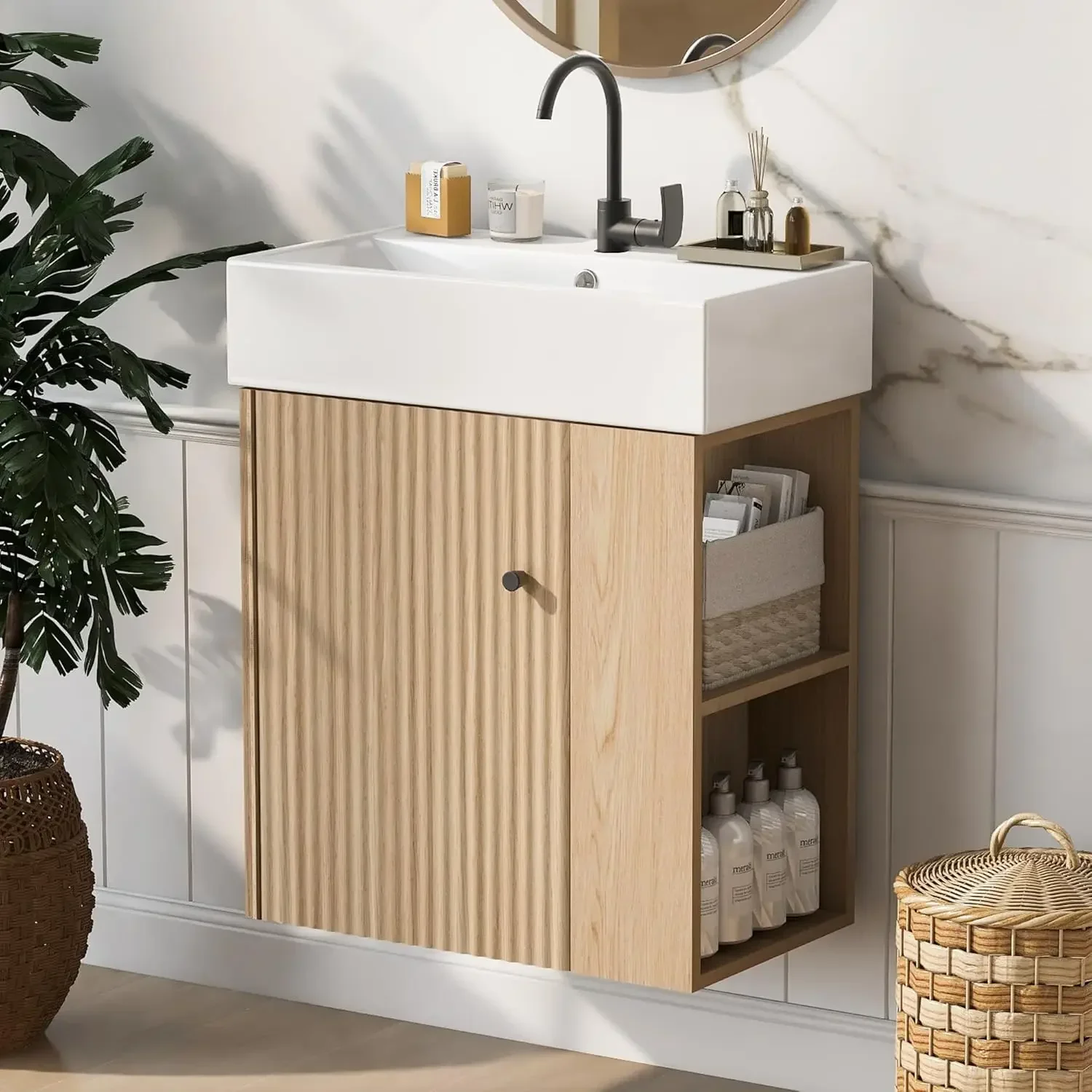 20 Inch Bathroom Vanity, Floating Sink Vanity Combo, Modern Wall Mount Bathroom Cabinet with Ceramic Integrated Sink, Custom