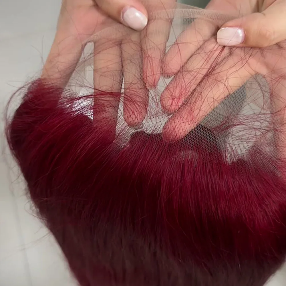 Pelucas de cabello humano liso 99J de 200% de densidad Color burdeos para mujeres 13x4 encaje transparente prearrancado