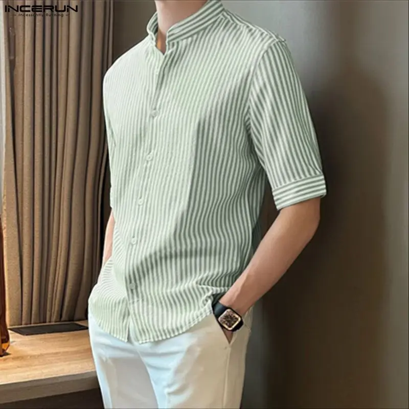 

Мужская полосатая рубашка INCERUN с воротником-стойкой и коротким рукавом, уличная одежда, свободный крой, корейский стиль, летние модные топы, мужские рубашки