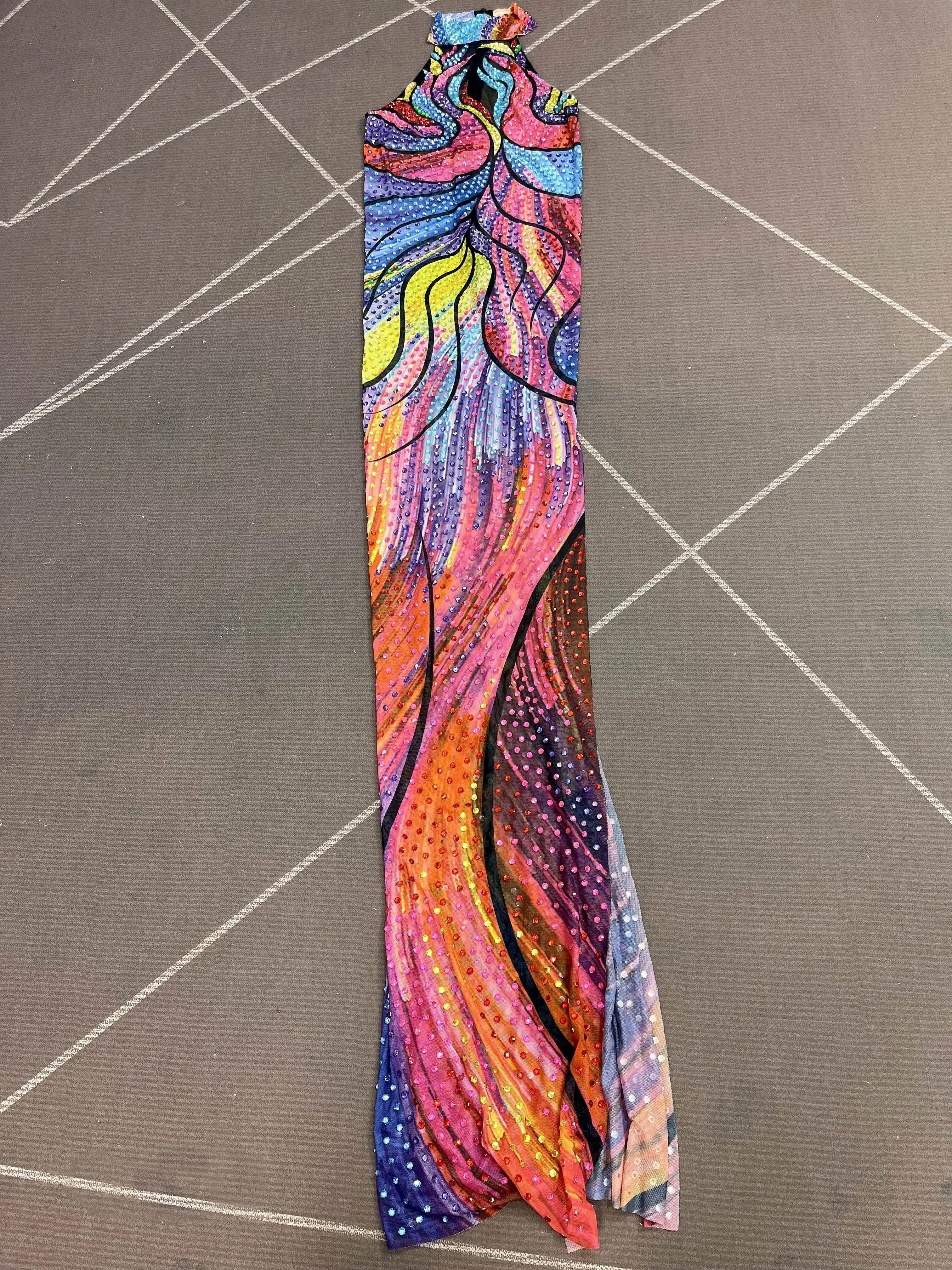 Vestido Sexy con estampado Multicolor y diamantes de imitación brillantes para mujer, vestido ajustado con abertura alta, vestido de noche para fiesta de cumpleaños, alfombra roja, ropa para escenario