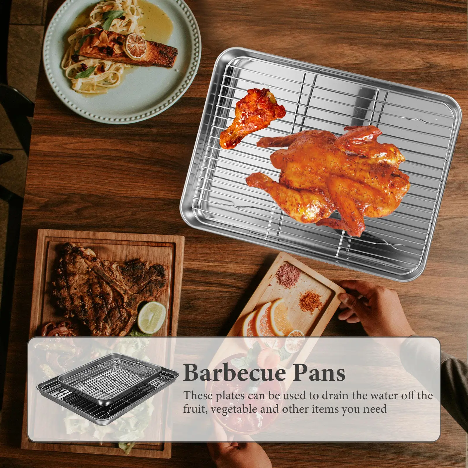 

2Pcs High Quality Stainless Steel Drain Plates Set Fruit Vegetable Drainage Tray Kitchen Organizer Space Saving Dish Drying Pan