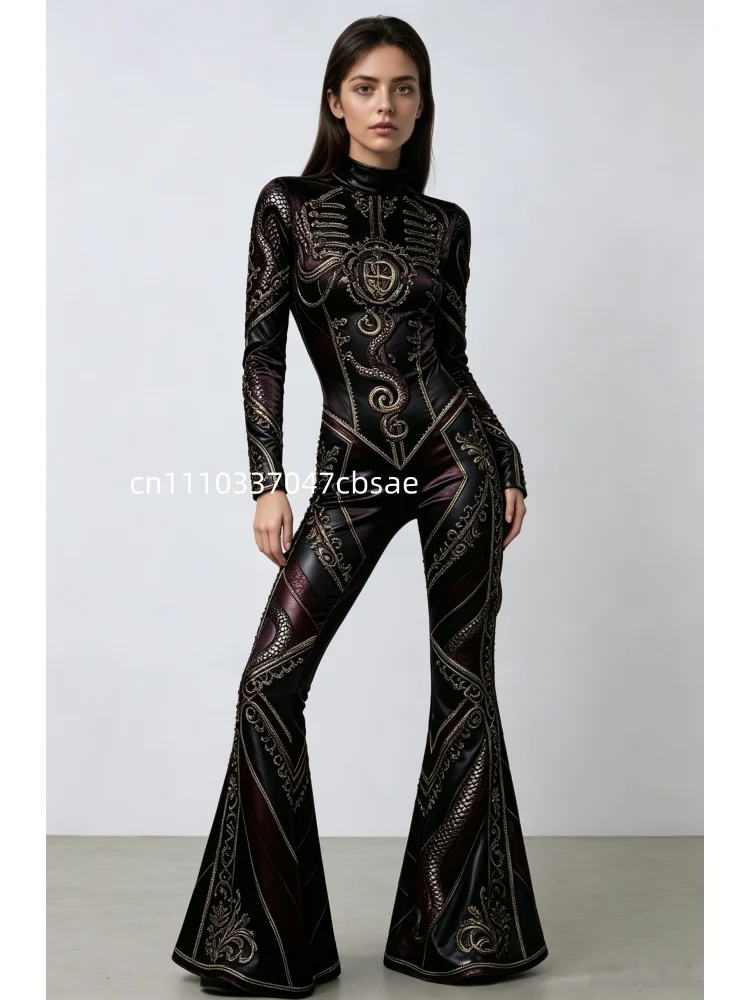 Damen Retro Skinny Flared Bell Bottom Jumpsuit, königlicher Bühnen-Performance-Bodysuit, Leoparden-Club-Cosplay-Show-Outfit – Detail 9