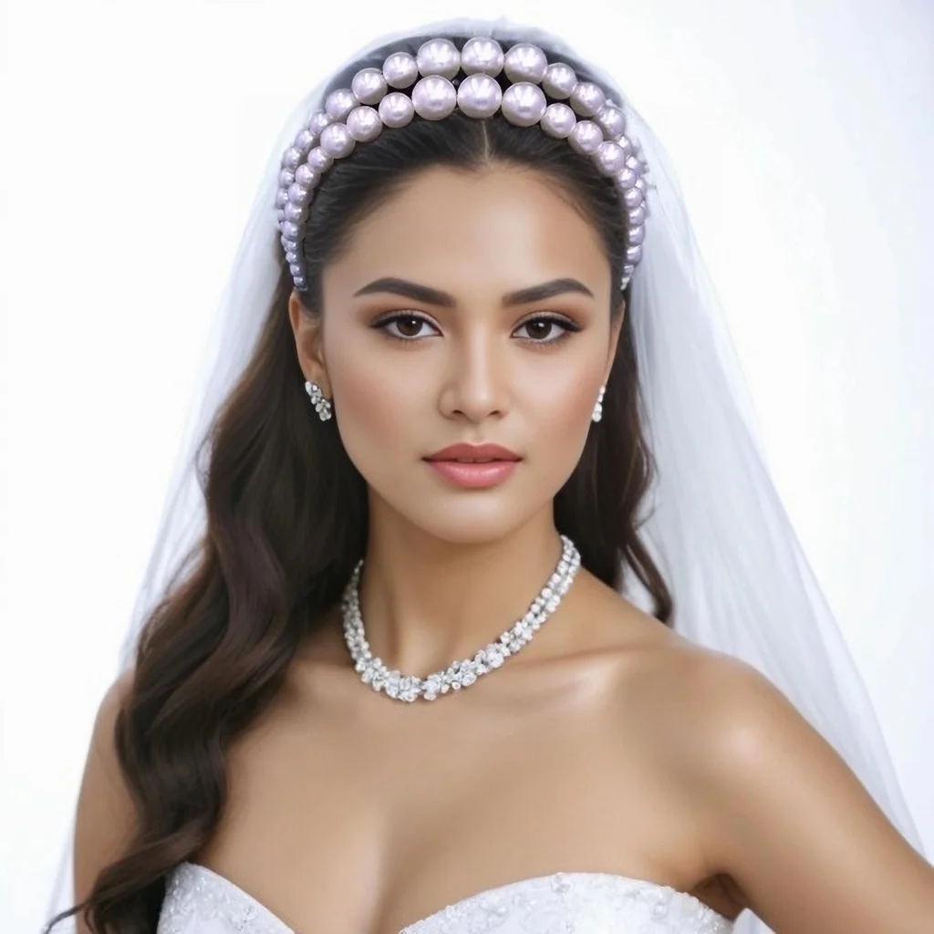 Premium Bridal Hair Hoop & Wedding Hair Accessories for Women Elegant Double Layered White Faux Pearl Hair Band HP727