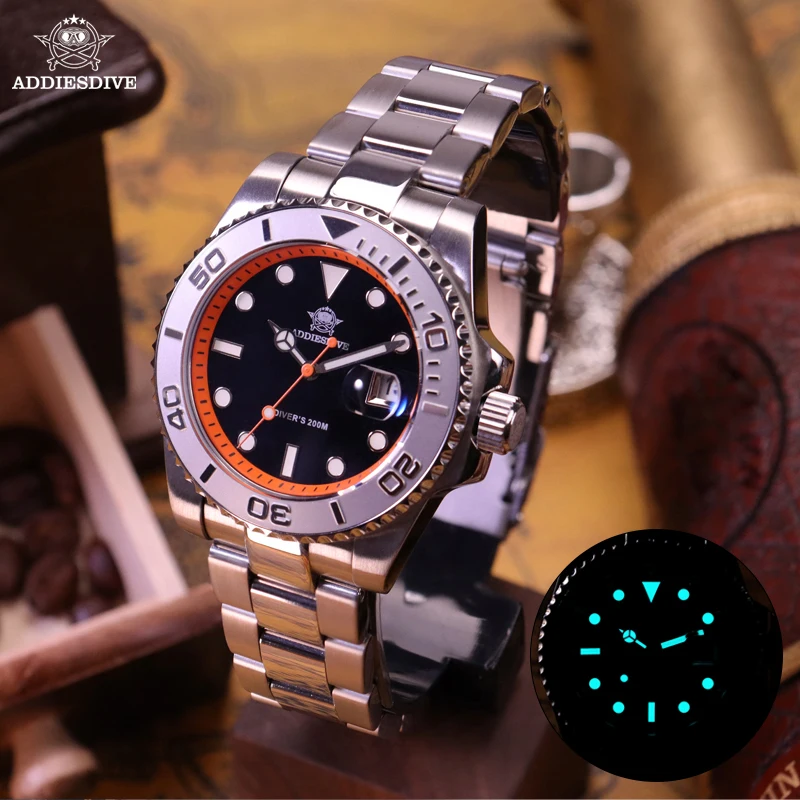 ADDIESDIVE Men's Dive Watch 200m Water Resistance BGW9 Super Luminous Ceramic Bezel Stylish Men's Stainless Steel Quartz Watch