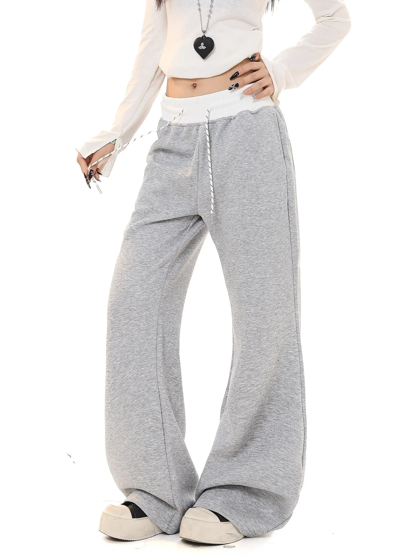 

American Color Blo Waist Dstring Casual Pants Women Spring Autumn Small Design Loose Match High Waist Wide Leg Long Pants