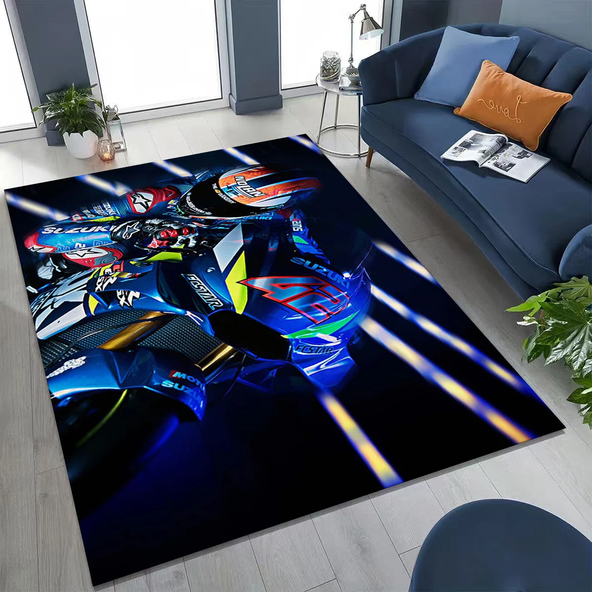 3D Vintage S-Suzuki Racing Biker Garage Carpet Rug for Bedroom Living Room Sofa Home Doormat Decor, Large Non-slip Floor Mat