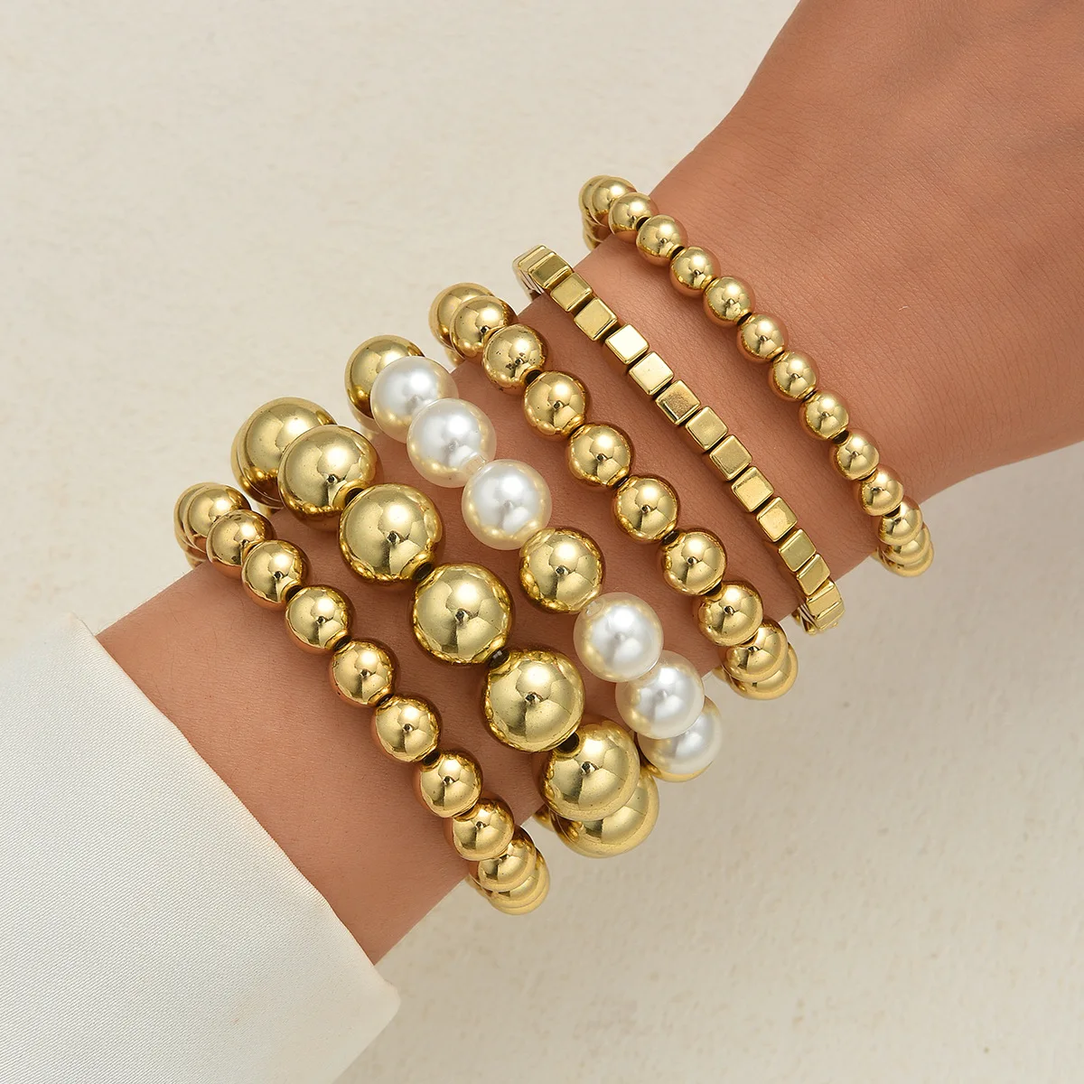 6Pcs/Set Trend Elasticity CCB Bracelets Set Punk Hip Hop Gold Color Stacked Ball Beaded Bracelet Women Men Creativity Jewelry