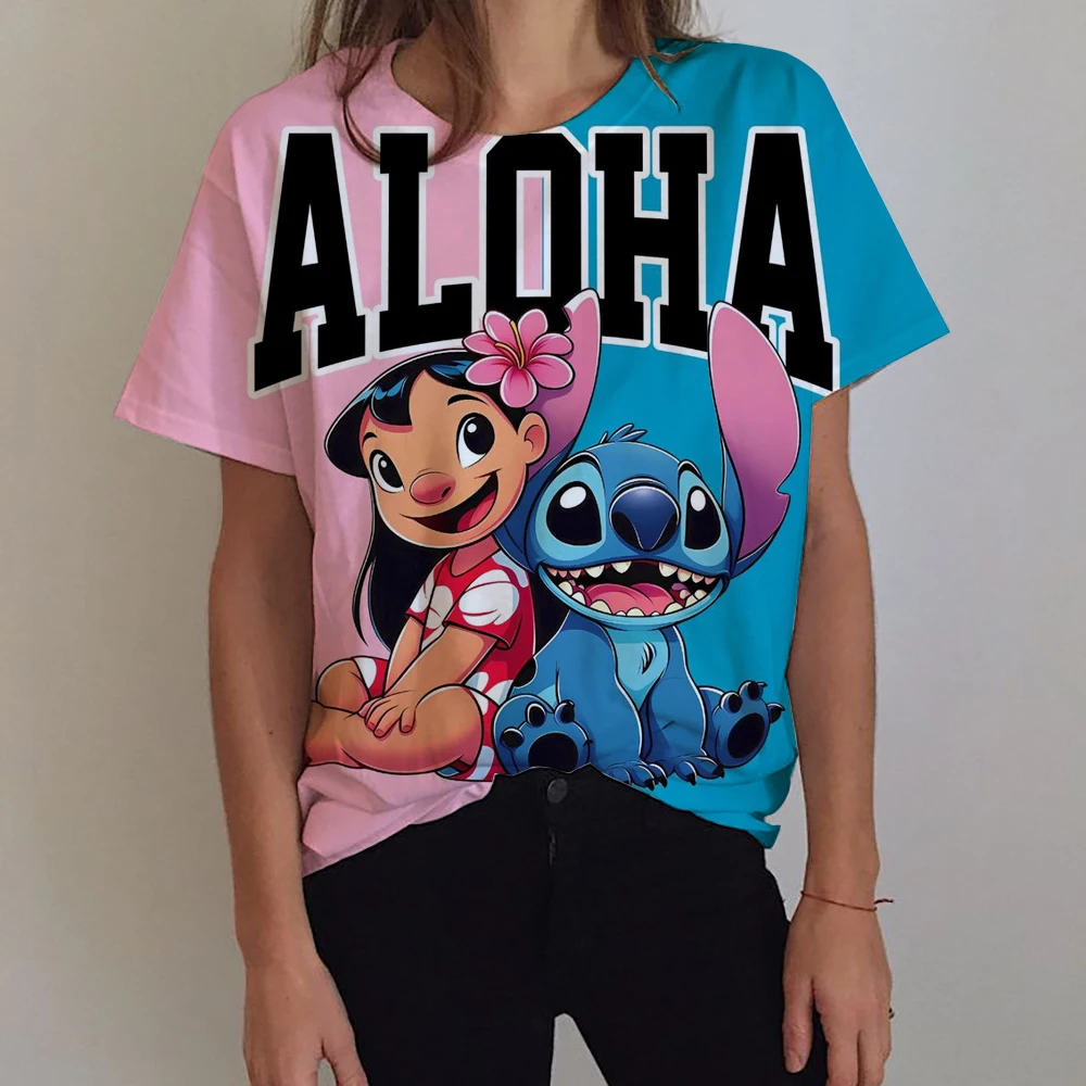 كارتون لطيف ليلو غرزة المرأة تي شيرت Kawaii الجرافيك قصيرة الأكمام تي شيرت 2025 الصيف الشارع الشهير طباعة Y2k الملابس القمم #3