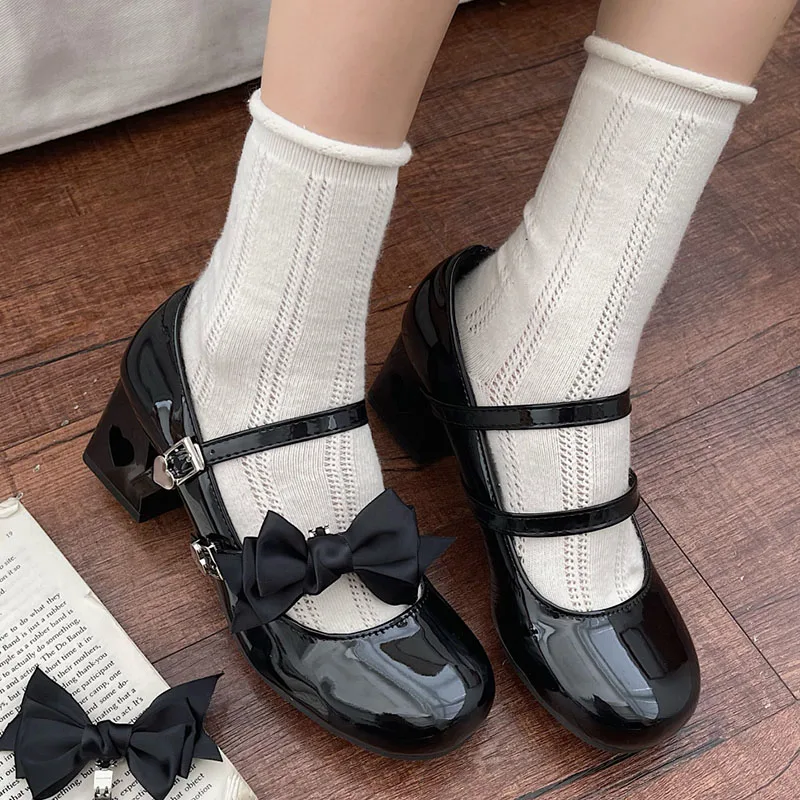 Patent Leather High Heels Pumps Women Sweet Pink Bowknot Cosplay Lolita Shoes Woman Bride Wedding Buckle Strap Mary Jane Pumps