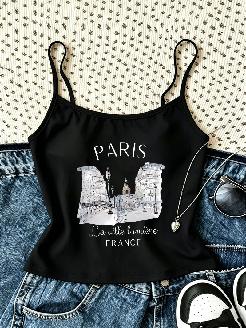 Retro Clothing Gothic Aesthetic Vintage Paris Print Casual Crop Top Vest Y2k Camisole Top 90s Tank Top Women Spring Summer