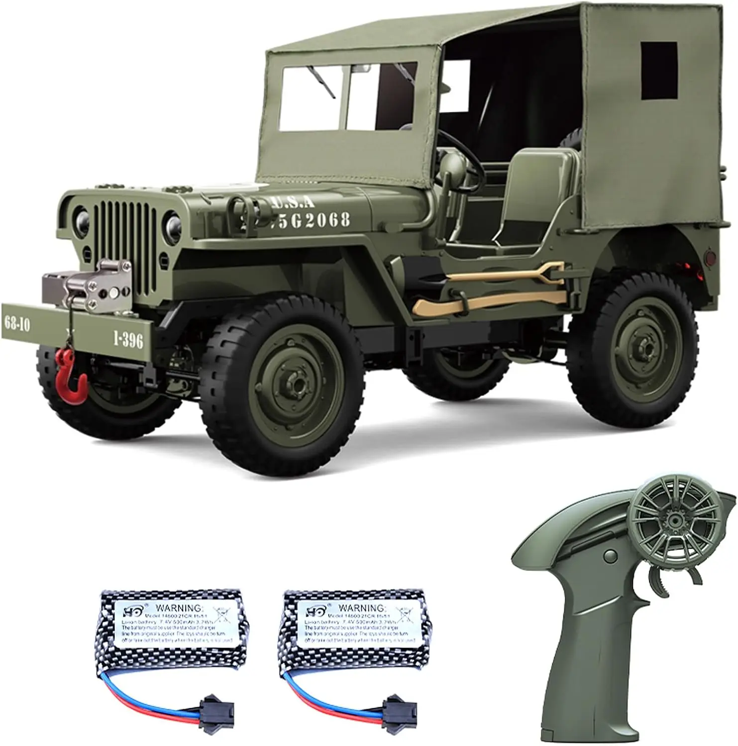 Remote Control 1:10 Scale Military Truck - 2.4GHz 4WD Off-Road Rock Crawler, All Terrain Army Vehicle with LED Lights, Winch, Canvas Cover & 2 Batteries for Adults