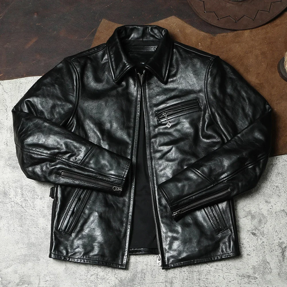 

shipping.sales.Japanese Free vintage cool men genuine leather coat.black wax tanned horsehide jacket.Motor Rider wear