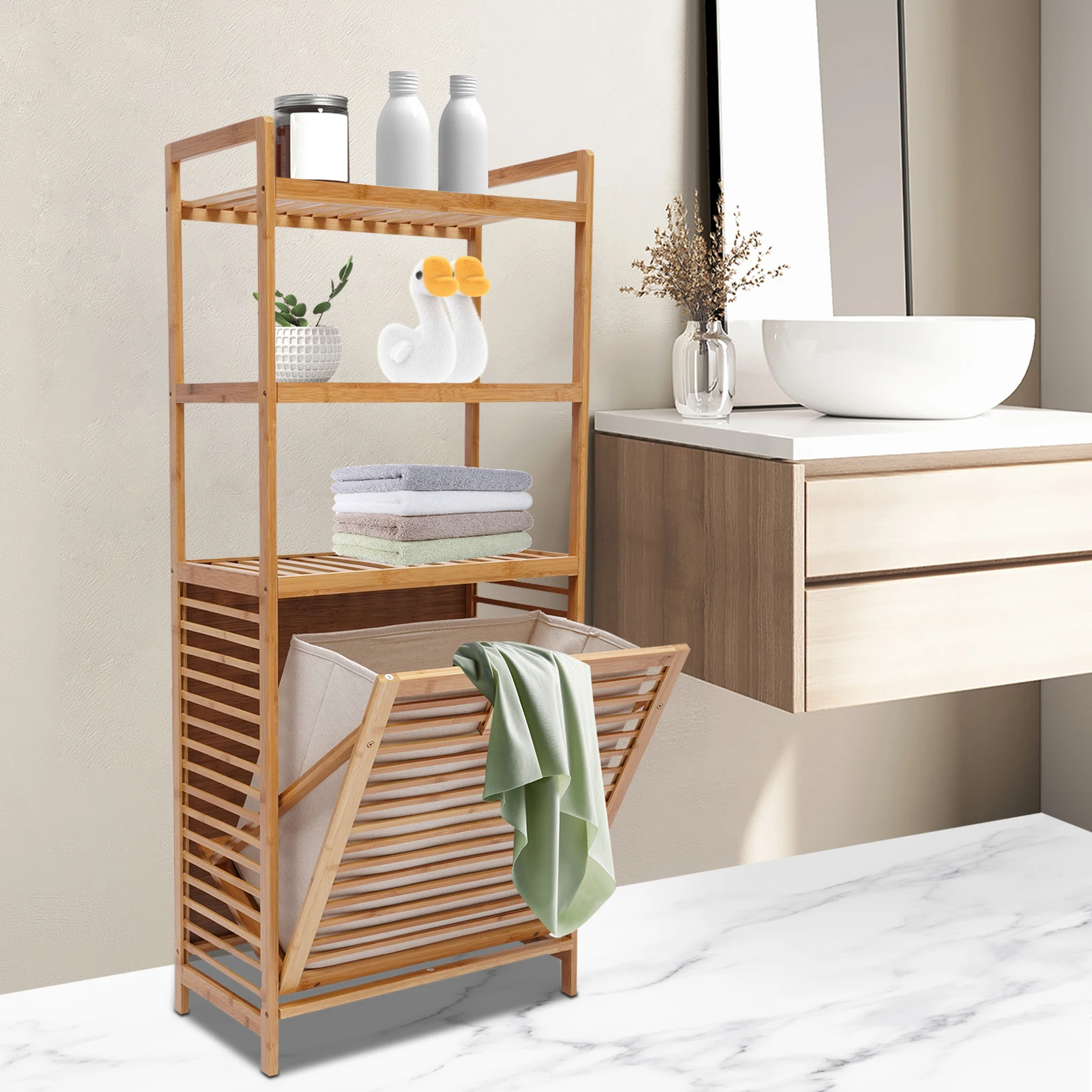 Bymaocar Four-Layer Freestanding Bamboo Laundry Hamper,Bathroom Storage Shelf Cabinet Organizer W/ Tilt Out Dirty Clothes Basket