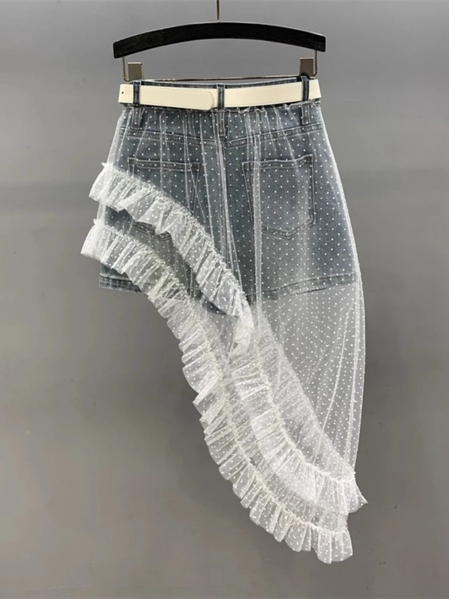 GALCAUR Solid Spliced Mesh Hot Girl Skirt Female High Waist Slimming Irregular Streetwear Women's Skirts Autumn Fashion Style: Spódnica GALCAUR z siateczki, łączona, w stylu hot girl, damska, z wysokim stanem, wyszczuplająca, asymetryczna, streetwearowa, spódnice damskie, jesienna moda.