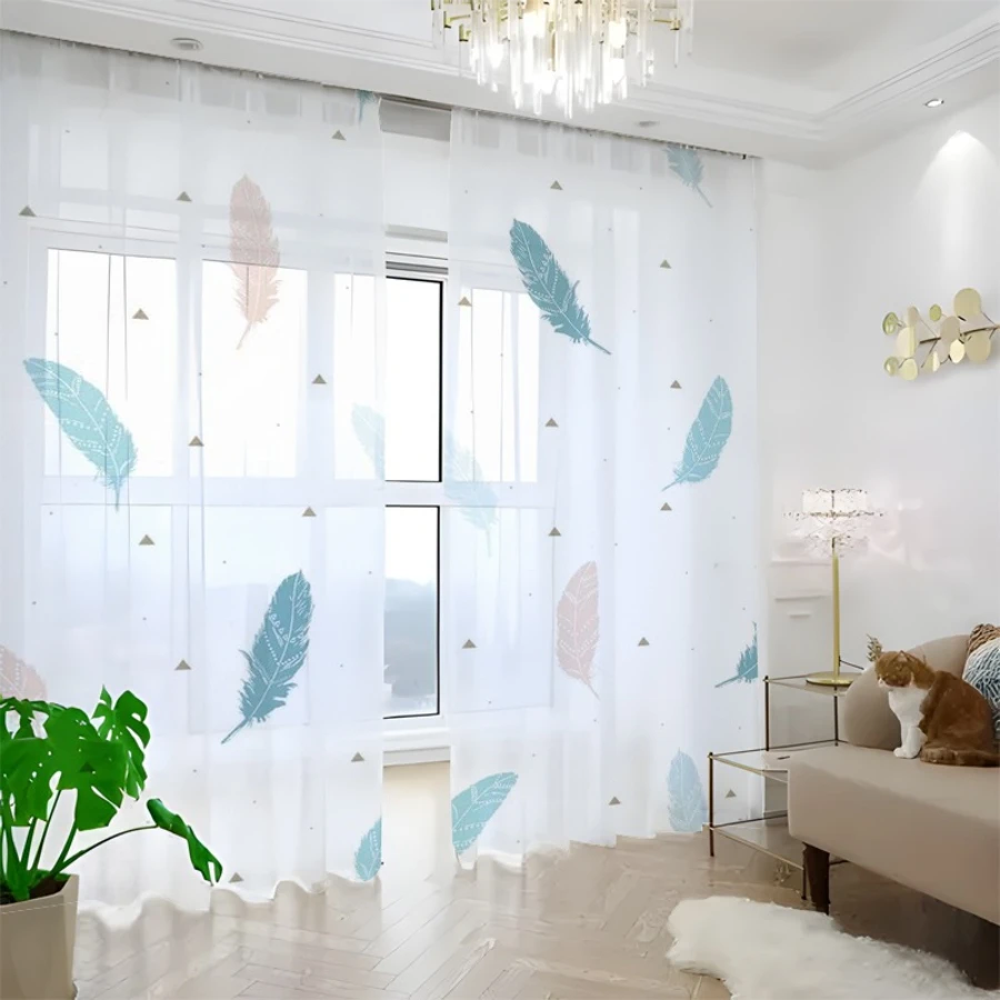 2PCS Digital Print Sheer Curtains, Feather Triangle Pattern, Bohemian Tribal Geometric for Bedroom Living Room Home Decor