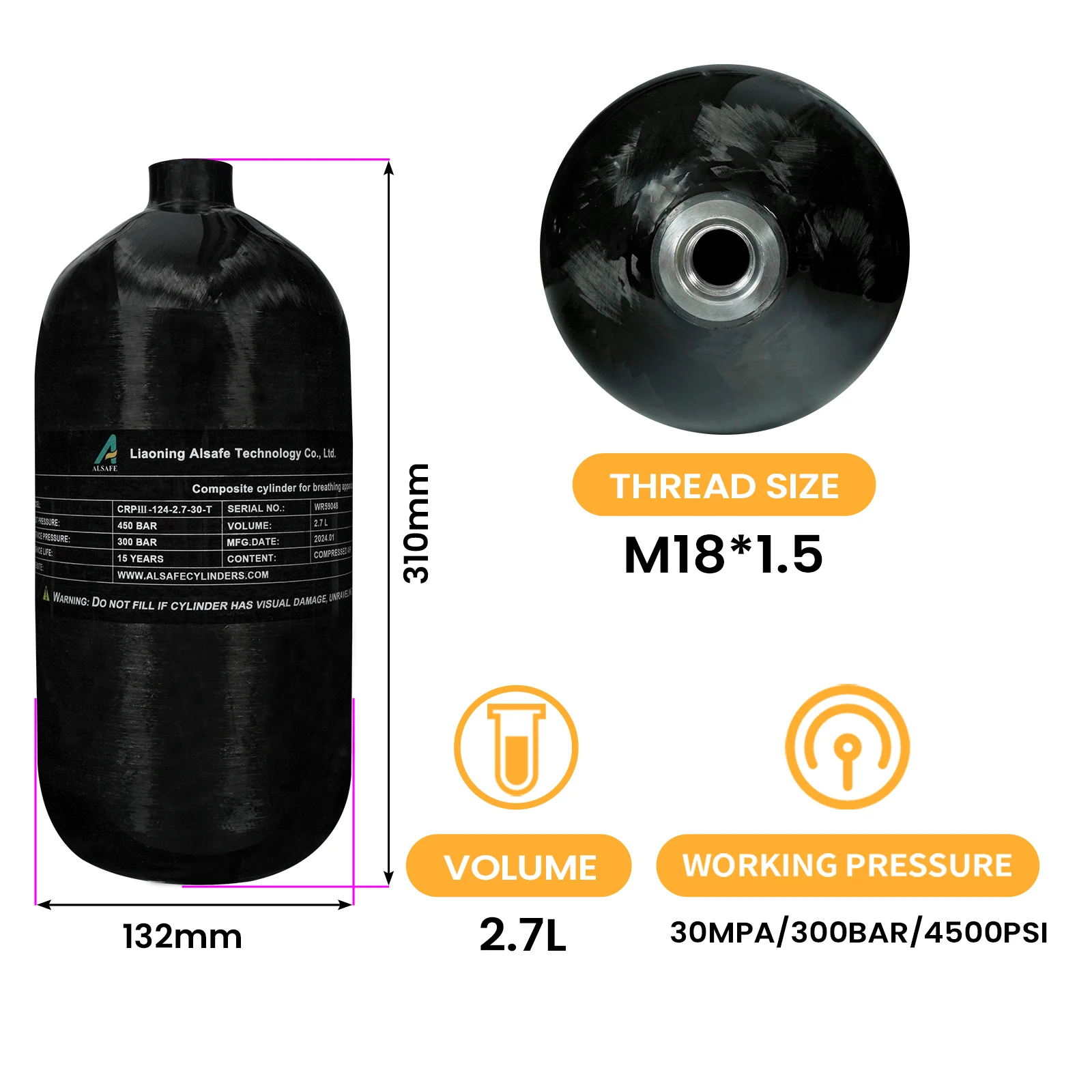 Cilindros de fibra de carbono TUXING de 4500 psi, 300 bar y 2,7 ​​l, cilindros de alta presión, tanque de buceo para buceo contra incendios, M18 x 1,5