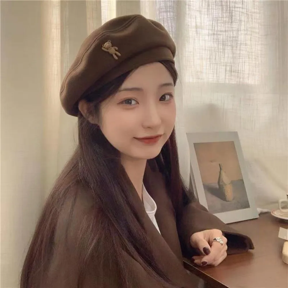 Korean Little Bear Woolen Newsboy Hat Solid Color Keep Warm Cloud Painter Cap Windproof Beanies Bonnet Women Girl
